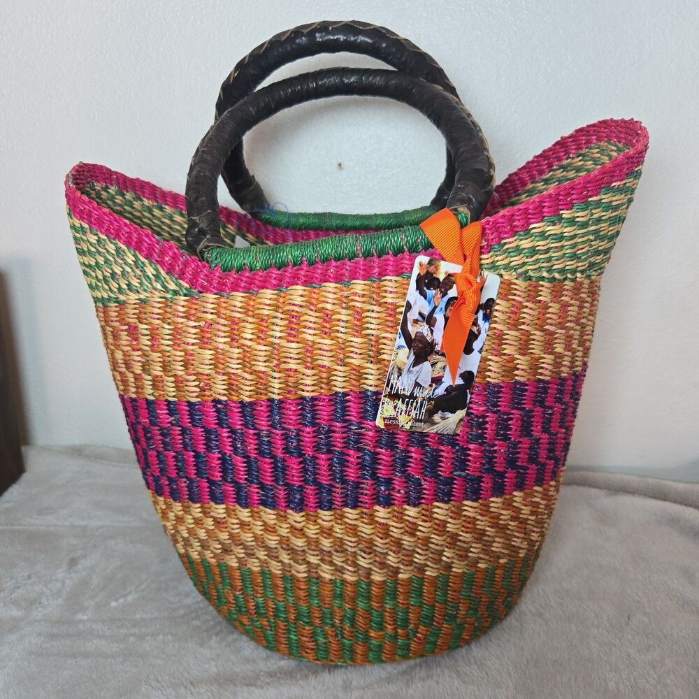 New Authentic Bolga Market Basket Ghana Leather Handle Handwoven- Signed